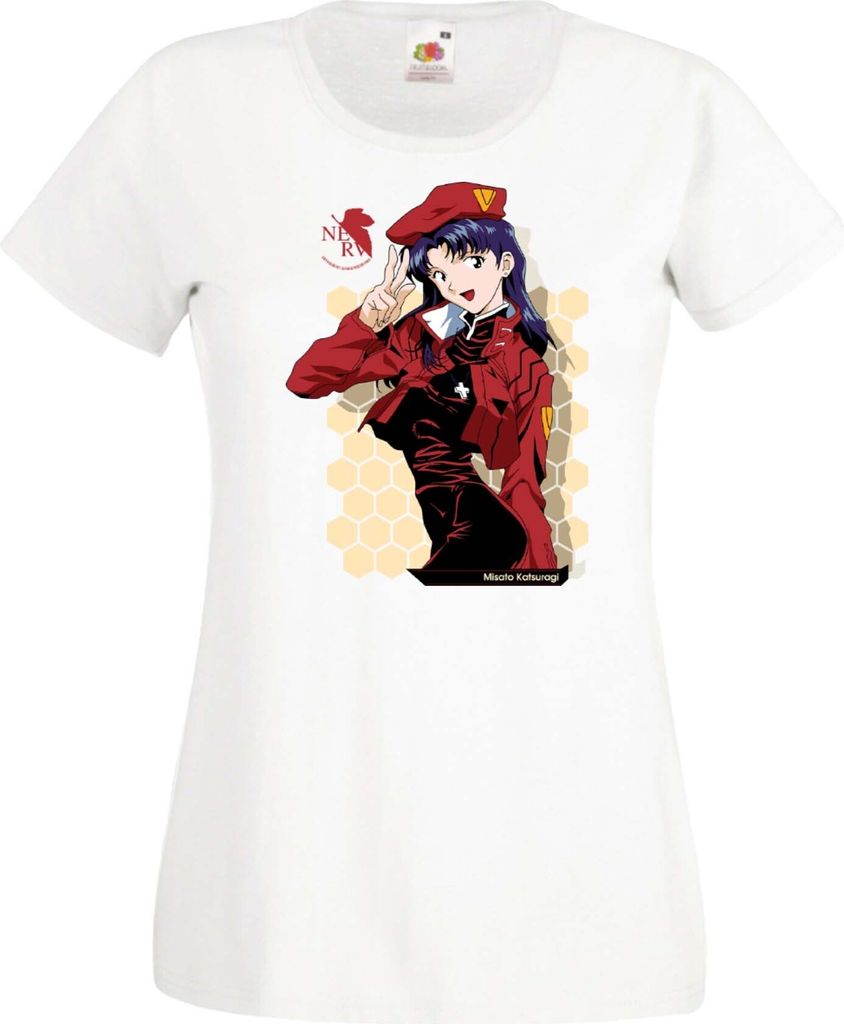 Damen T-Shirt Anime Manga Neon Anime Genesis Manga Evangelion Misato Katsuragi Misato Katsuragi, Lady XL / Weiß
