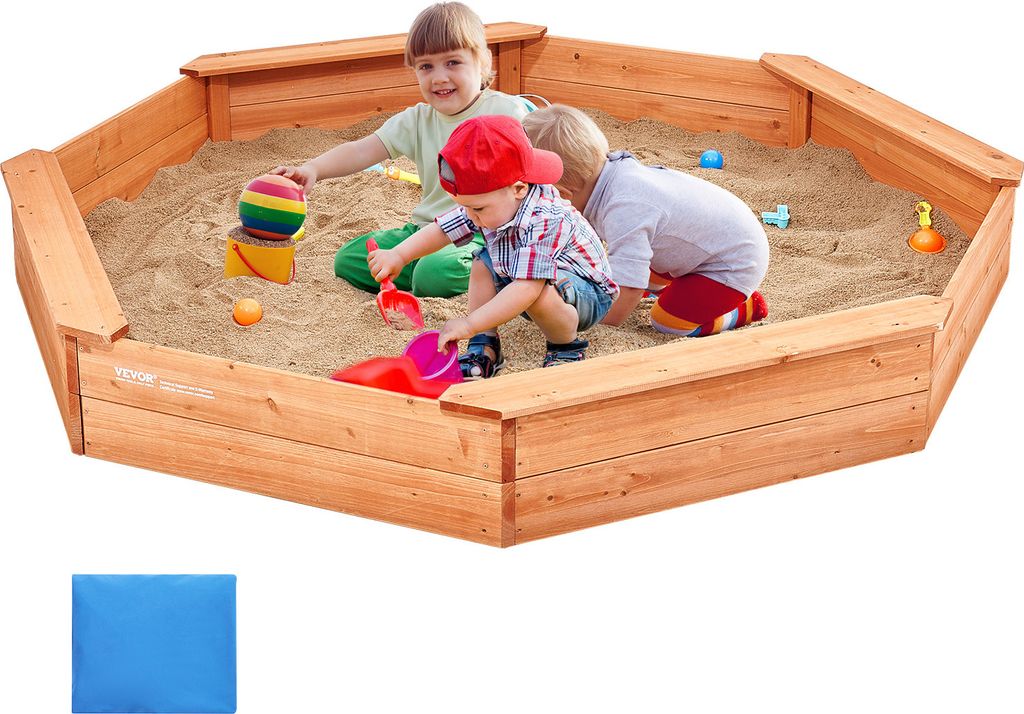 VEVOR Holzsandkasten mit Abdeckung, achteckiger Sandkasten, Sandgrube mit 4 Sitzplätzen & Bodenauskleidung, Kindersandkasten für den Garten, Gesc...