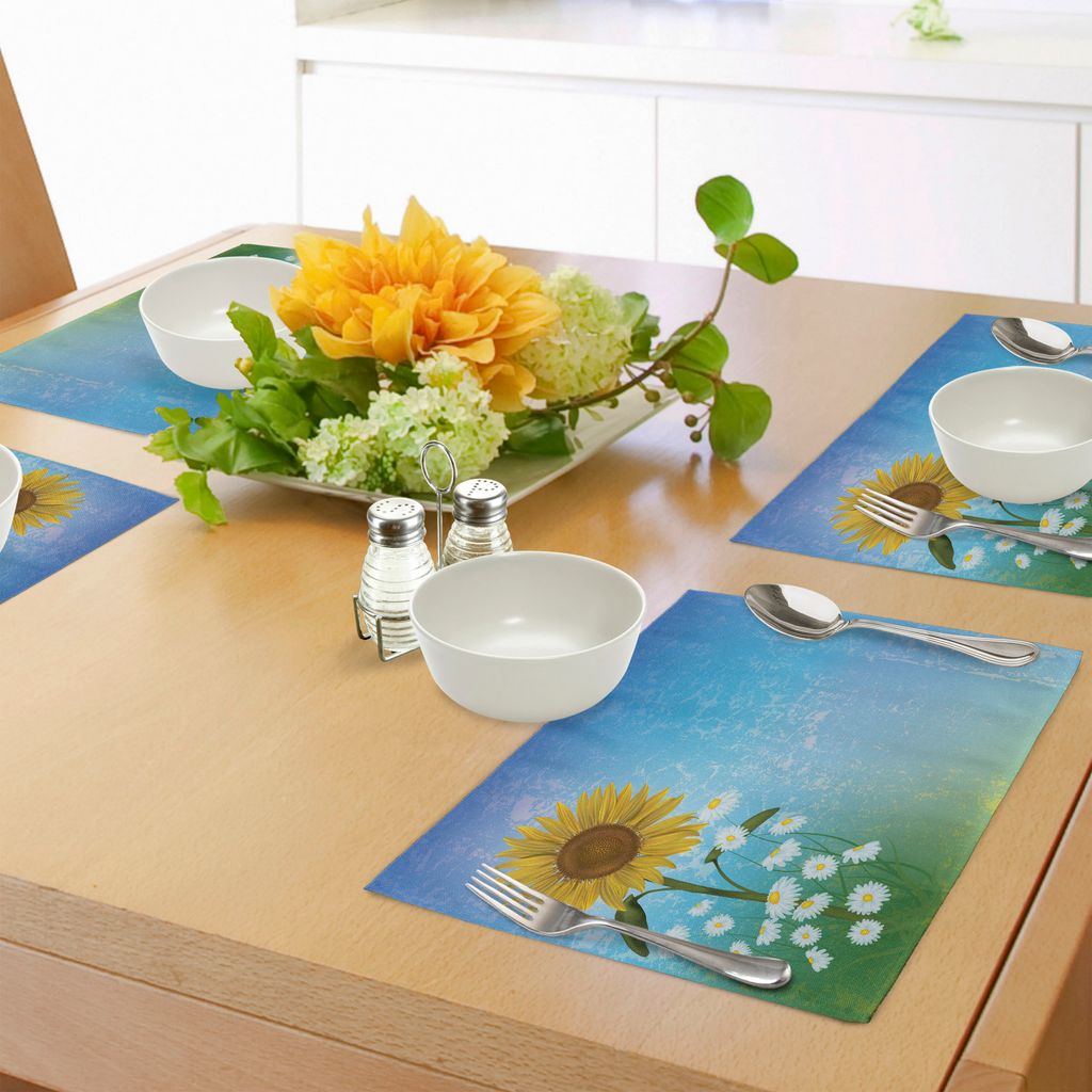 ABAKUHAUS Sonnenblume Platzmatten, Grunge Floral Illustration mit Sonnenblume und Chamomiles Pastell Sommer Kunst, Tiscjdeco aus Farbfesten Stoff f...