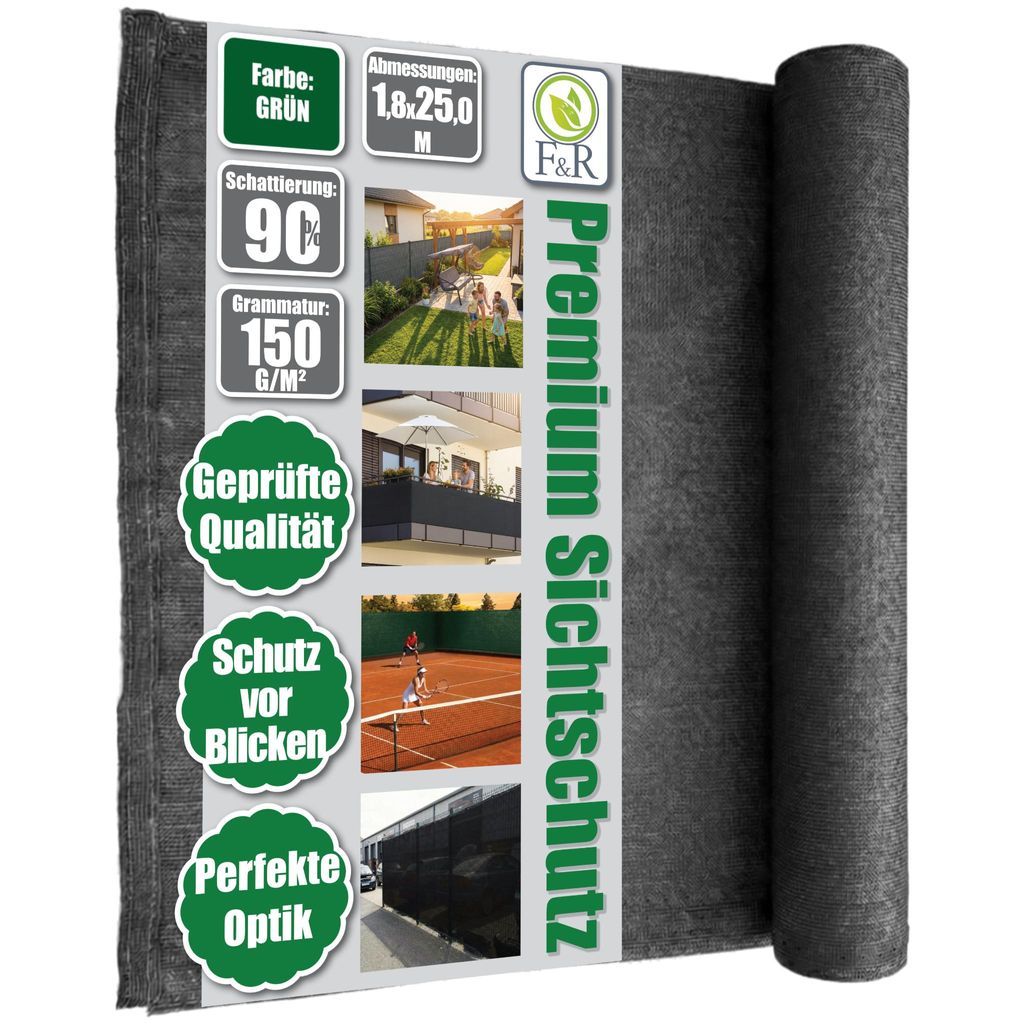 Zaunblende 1,8x25m Sichtschutz 150g/m² Schattiernetz Windschutz Staubschutz Sonnenschutz Gewebe Netz Tennis Netz grün
