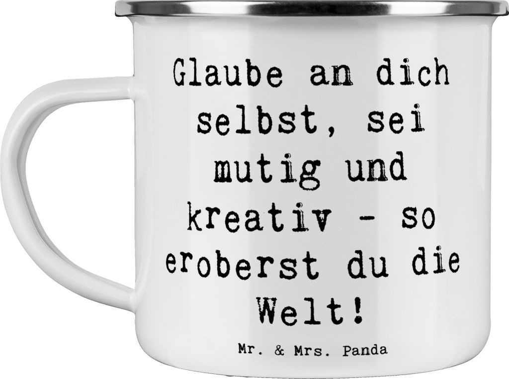 Mr. & Mrs. Panda Emaille Becher Spruch Die Freude an der Kreativität entdecken - Weiß - Geschenk, Pott, Zuversicht, Teetasse, inspirierender, Ver...