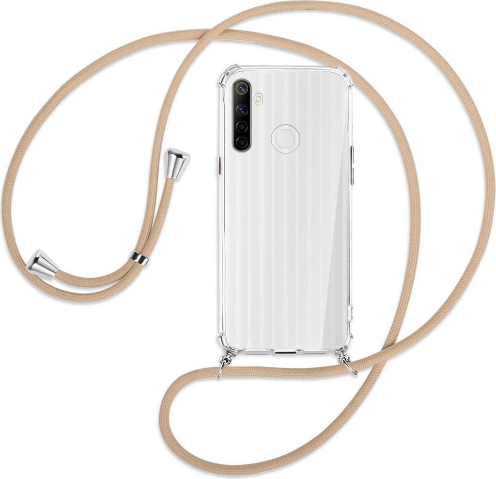 Handykette Backcover-Schutzhülle mit Band (Metall silberfarben) für Realme C3 - beige