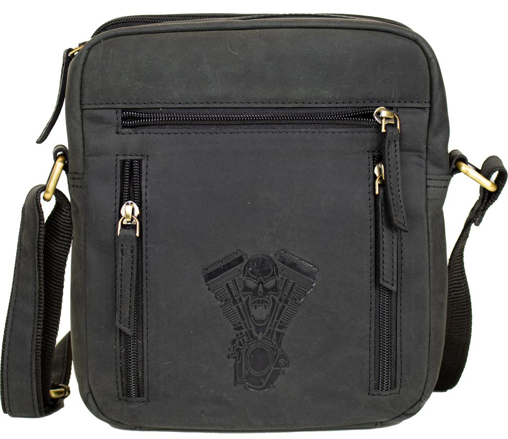 Biker Vintage Umhängetasche Leder mit Totenkopf V-Twin-Prägung Crossbody Tasche (Schwarz)