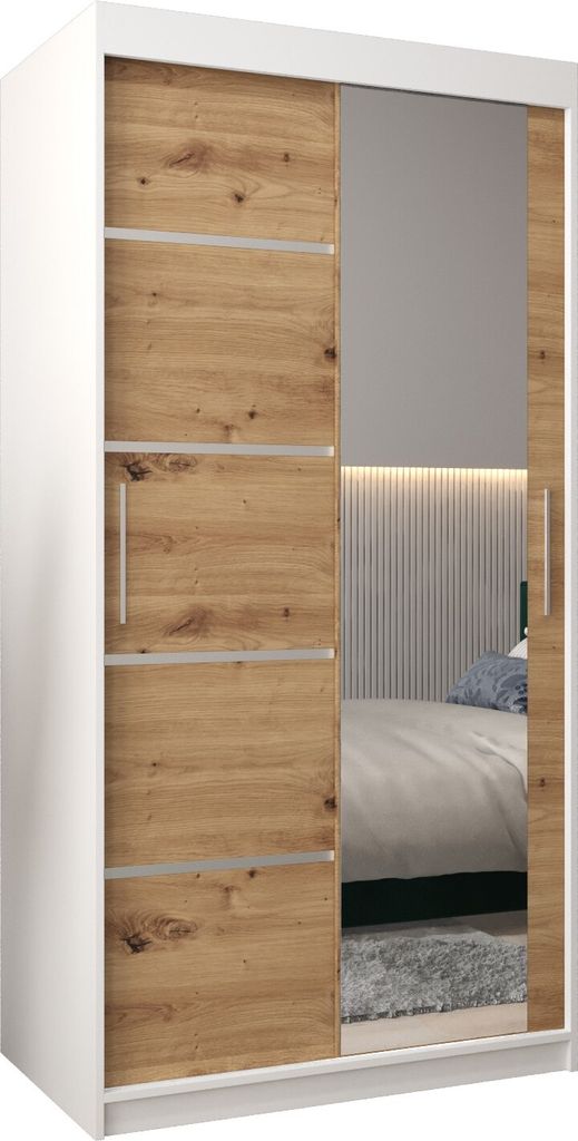 Kleiderschrank, Schiebetürenschrank Schlafzimmer, Schrank mit Spiegel VERONA 2 100 cm - Weiß Matt + Artisan Eiche