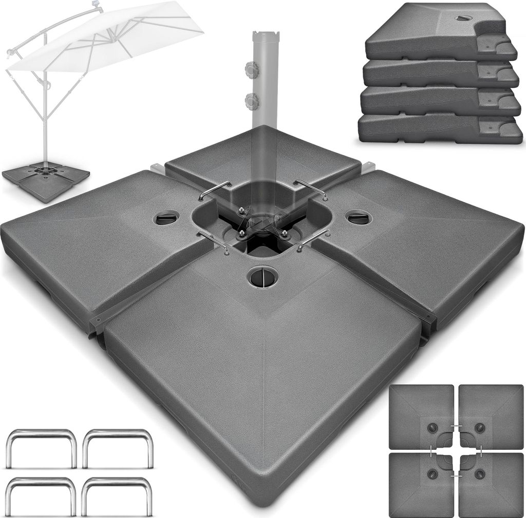 tillvex Sonnenschirmständer Anthrazit 90 Liter / 120 kg – 4-teilig für Ampelschirm inkl. Metallverbinder | Schirmgewicht befüllbar mit Wasse...
