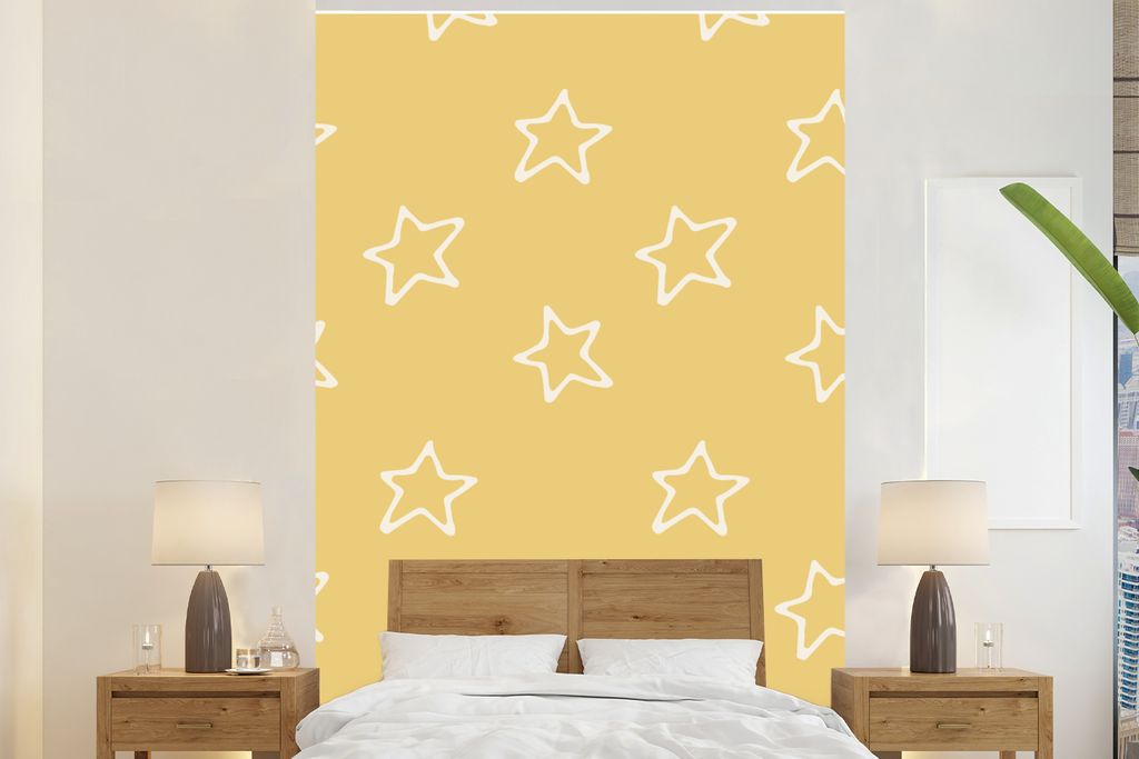 MuchoWow Fototapete für Wohnzimmer oder Schlafzimmer Wandtapete Vinyl Motivtapete Sterne - Orange - Muster - 145x220 cm - Wanddekoration