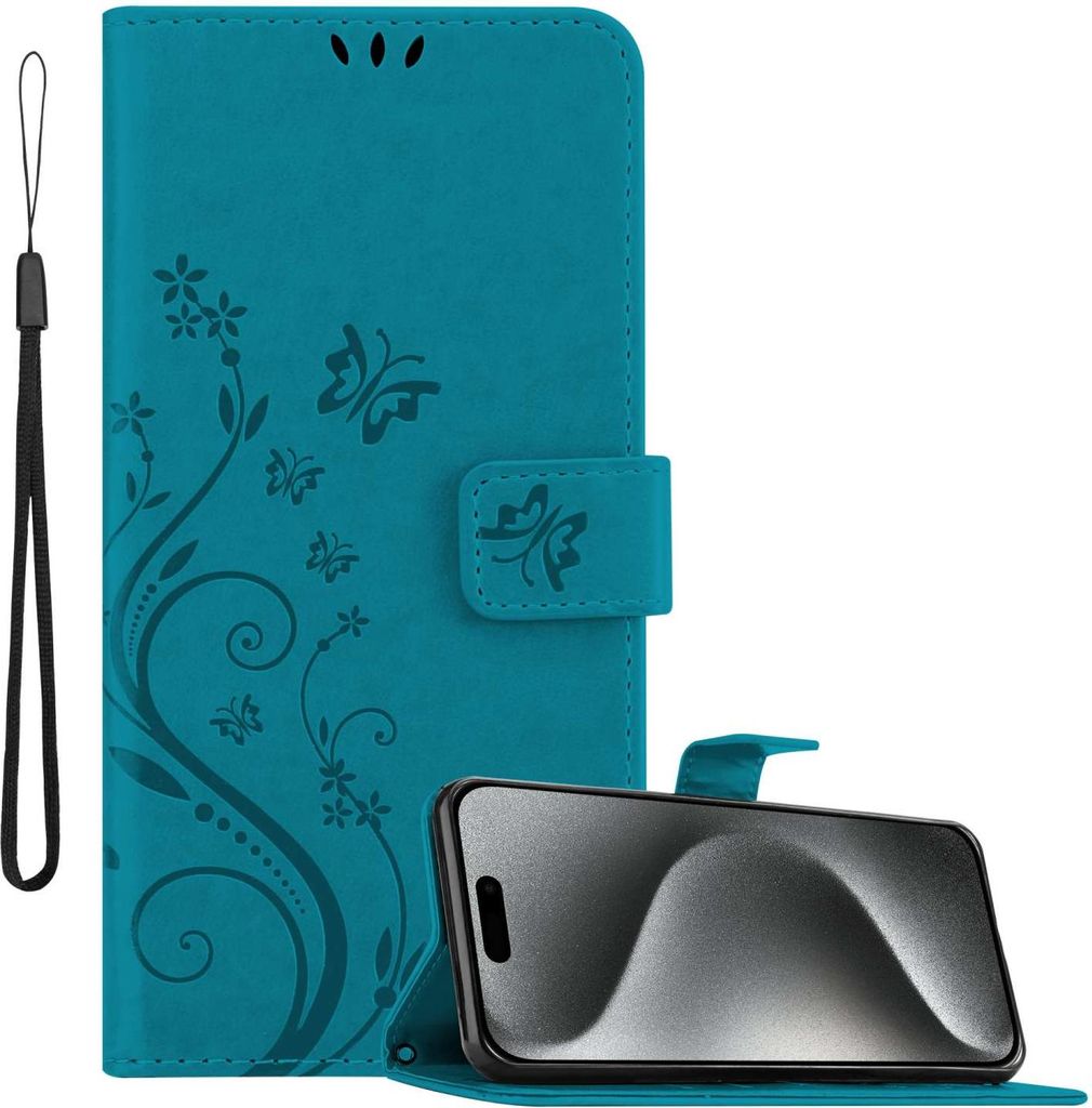 Cadorabo Hülle für Apple iPhone 15 PRO in FLORAL BLAU Schutzhülle im Blumen Design mit Magnetverschluss, Standfunktion und Kartenfächern Flip C...