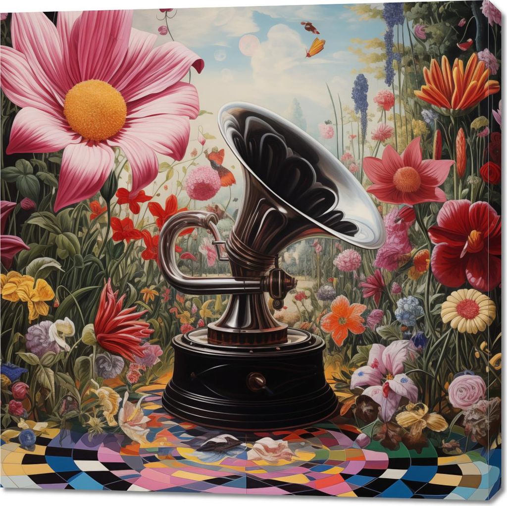 Bild 100x100cm Plattenspieler in Blumen