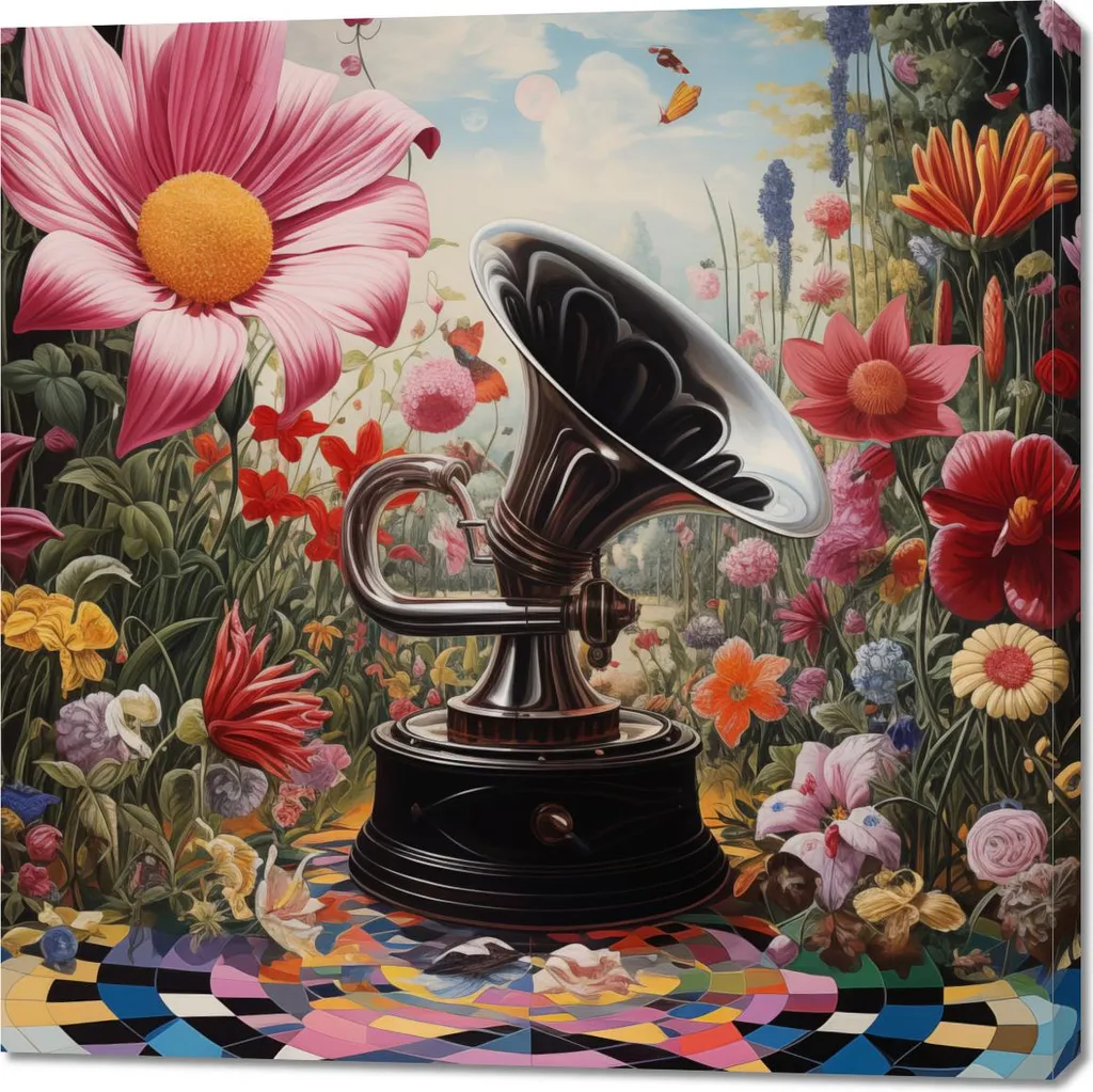 Quadro 100x100 cm Grammofono tra i fiori | Arredo Parete Alta Qualità