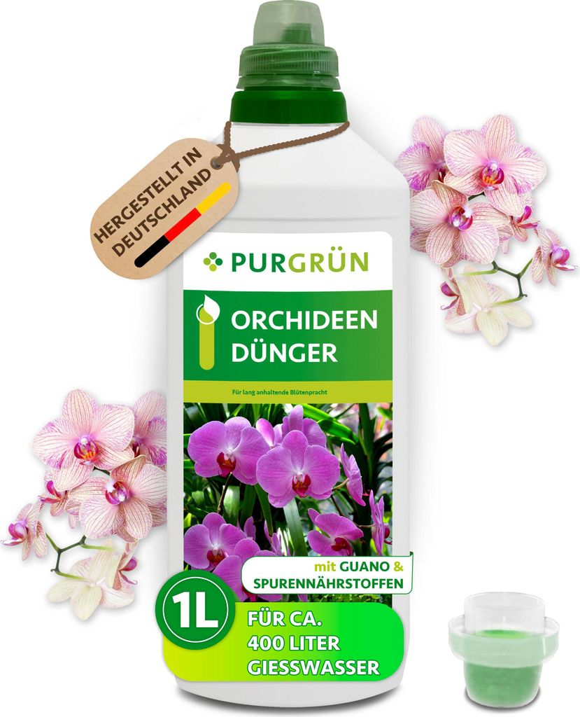 A bottle of orchid fertilizer with orchids surrounding it.