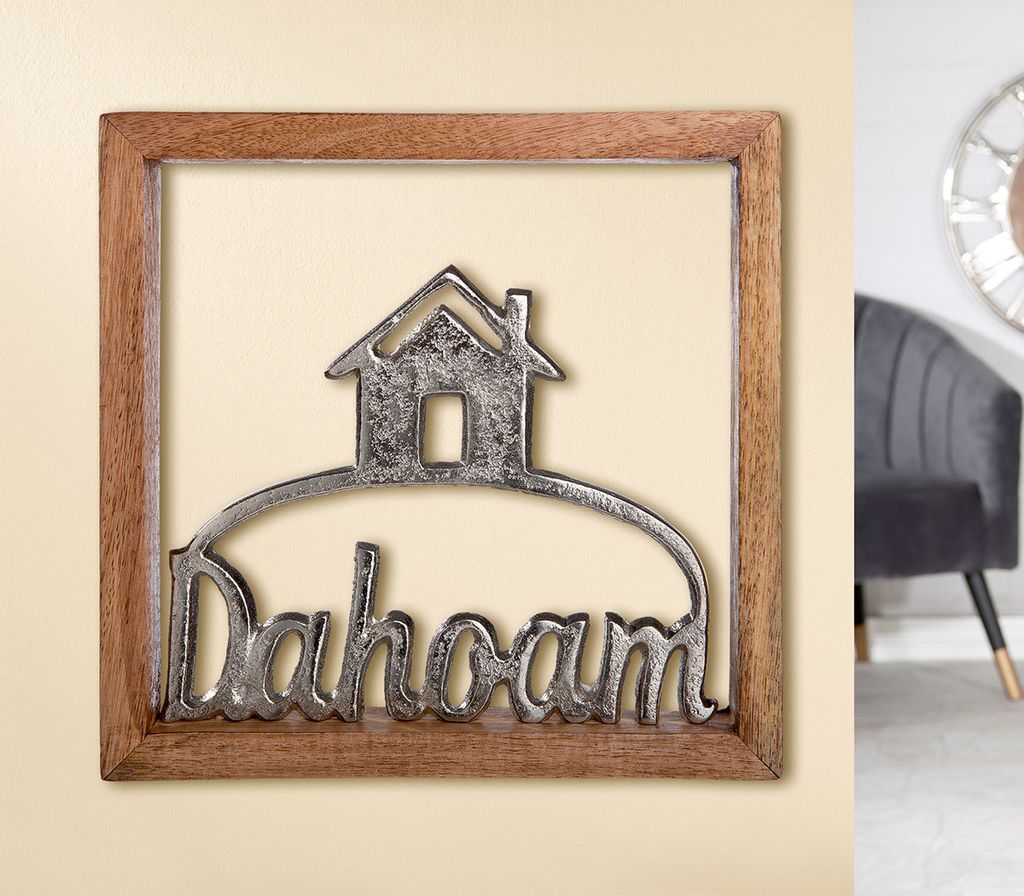 Gilde Wandrelief, quadratisch, "Dahoam", Hausmotiv, Schriftzug, Mangoholz, naturfarben, silberfarben, VE 4, L. 2 cm, B. 20 cm, H. 20 cm Höhe: 20.0...