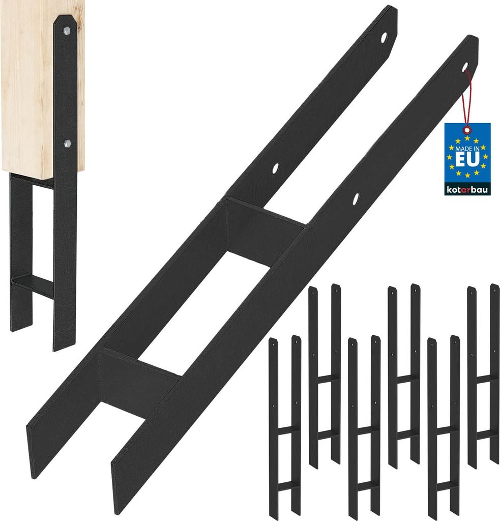 KOTARBAU 6 Stk. H-Pfostenträger zum Einbetonieren 70 mm/600mm aus verzinkter pulverbeschichteter Stahl Schwarz Pfostenanker Balkenschuhe Stütze...