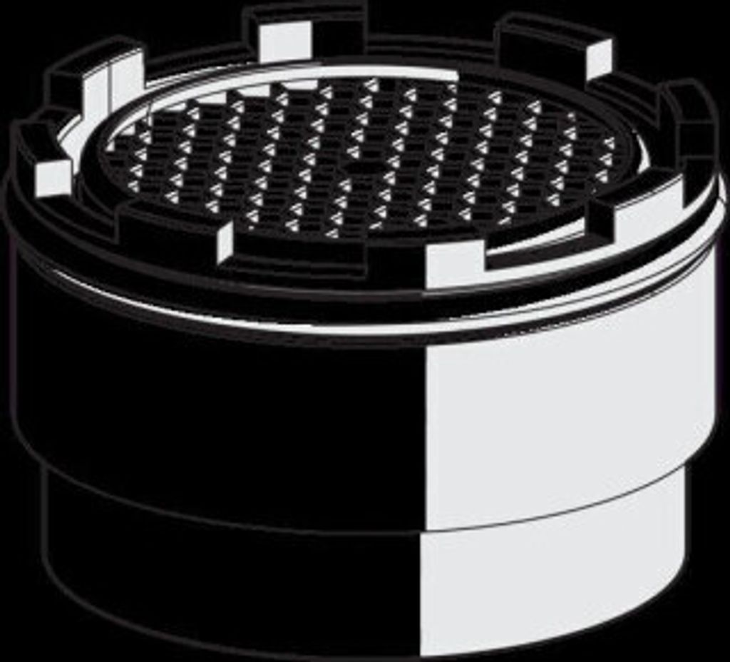 A 3D rendering of a faucet aerator.