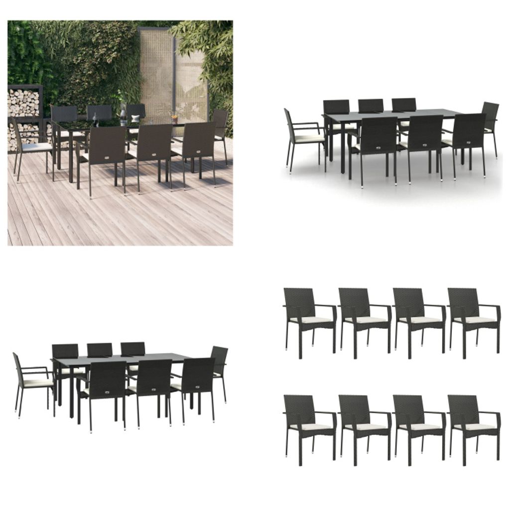 vidaXL 9 tlg. Garten Essgruppe mit Kissen Schwarz Poly Rattan - Garten Essgruppe - Garten Essgruppen - Essgruppe - Essgruppe Terrasse