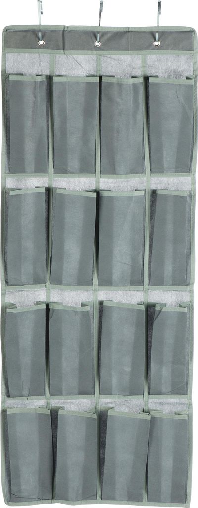 A gray fabric hanging organizer with 16 compartments, designed for storage.