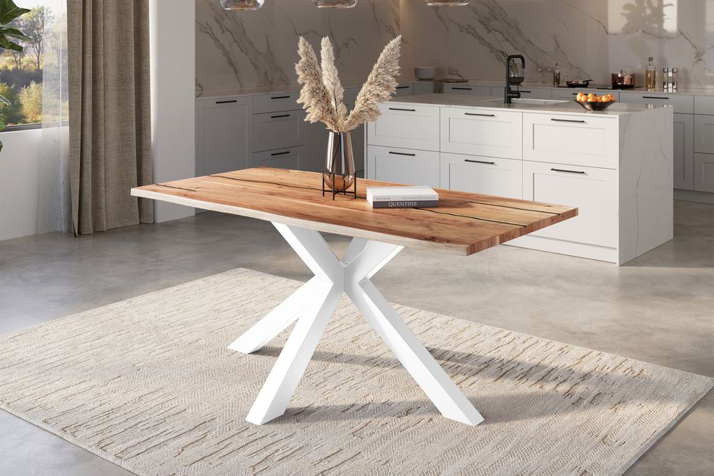 Baumkantentisch Akazie natur mit schwarzen Resin-Adern 120 x 80 Spider-Gestell weiß POLLY