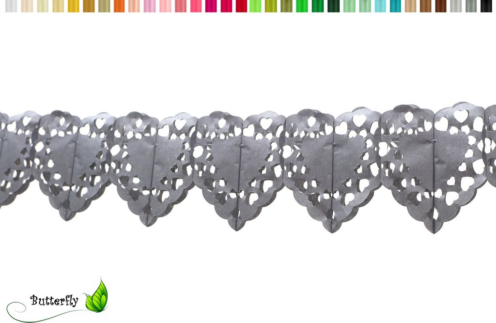 4 Meter Papiergirlande Herzen, Farbauswahl:hell silber / grau 012H