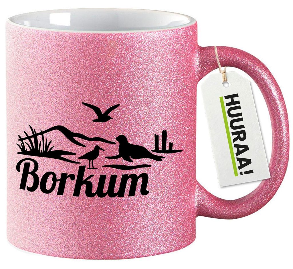 Huuraa Glitzertasse Borkum Strandmotiv 330ml Pink Keramik Kaffeebecher Geschenkidee