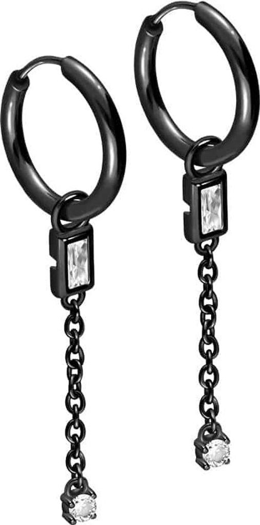 Chirurgenstahl Ohrclicker Creolen KRISTALLE + KETTE Schwarz Innendurchmesser: 12mm + Designstärke: 1,6mm