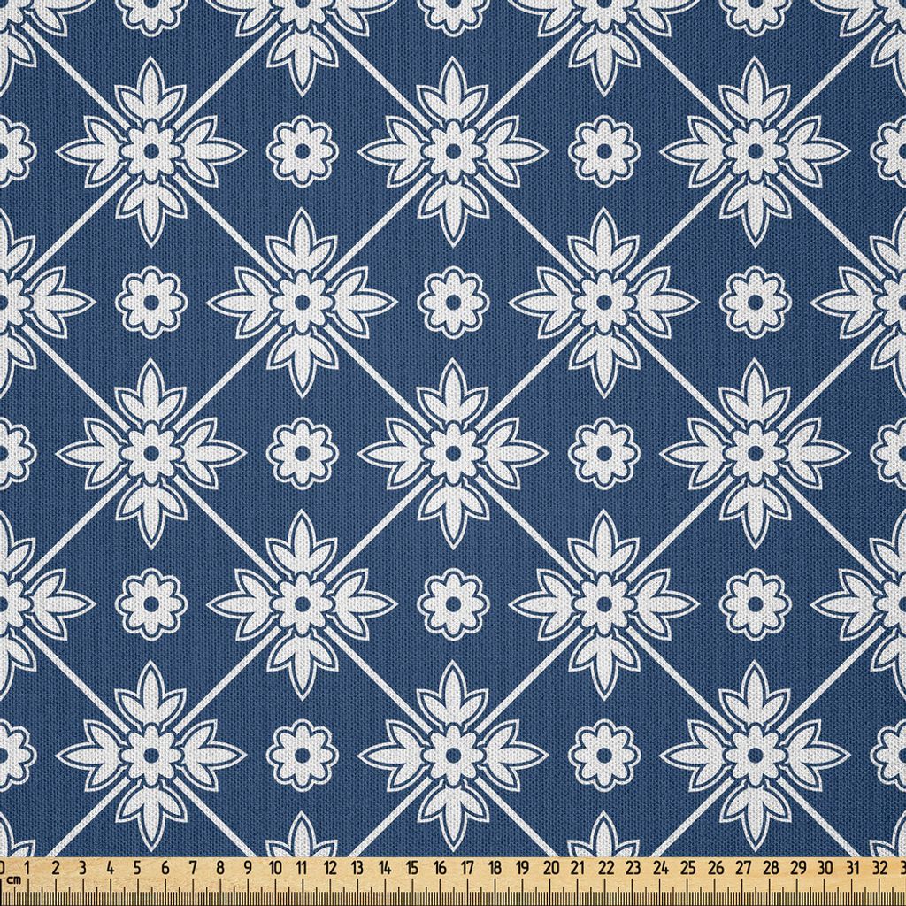 ABAKUHAUS Blau Microfaser Stoff als Meterware , Kariertes Muster mit abstraktem Frühlings-Blüten Folkloric Holland Cultural Pattern, 10 M (230 x ...