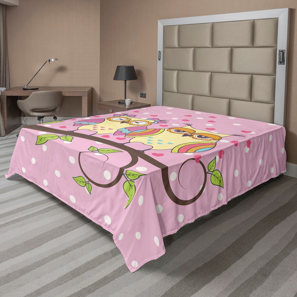 ABAKUHAUS Eulen Bettlaken, Eulen in der Liebe auf Niederlassung Polkadots verlässt Herz Romance Thema, weiches bequemes oberes Bettlaken für ein ...
