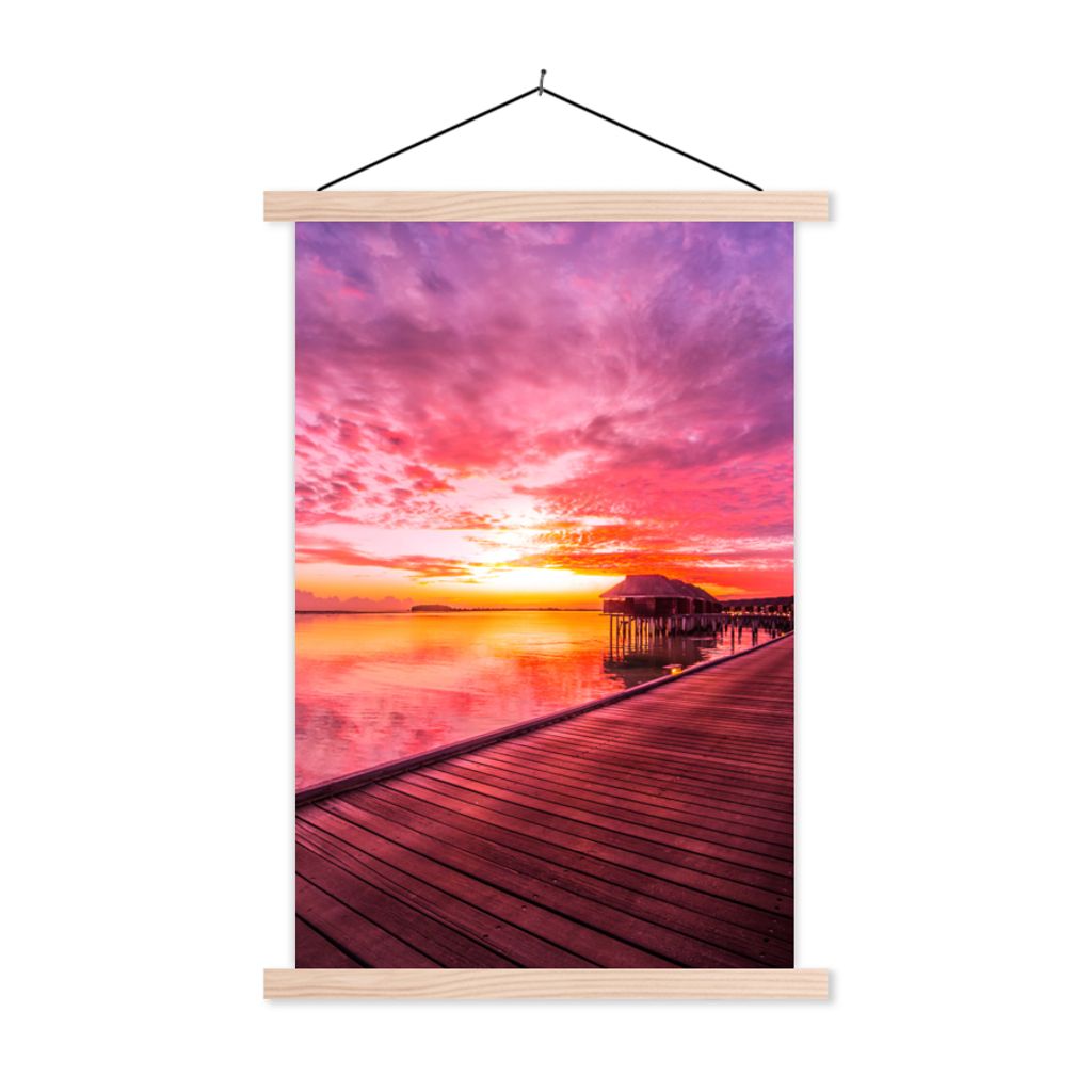 MuchoWow Textilposter Steg - Wasser - Sonne - Rosa - Horizont 60x90 cm mit holzfarbenen Rahmen - Textil