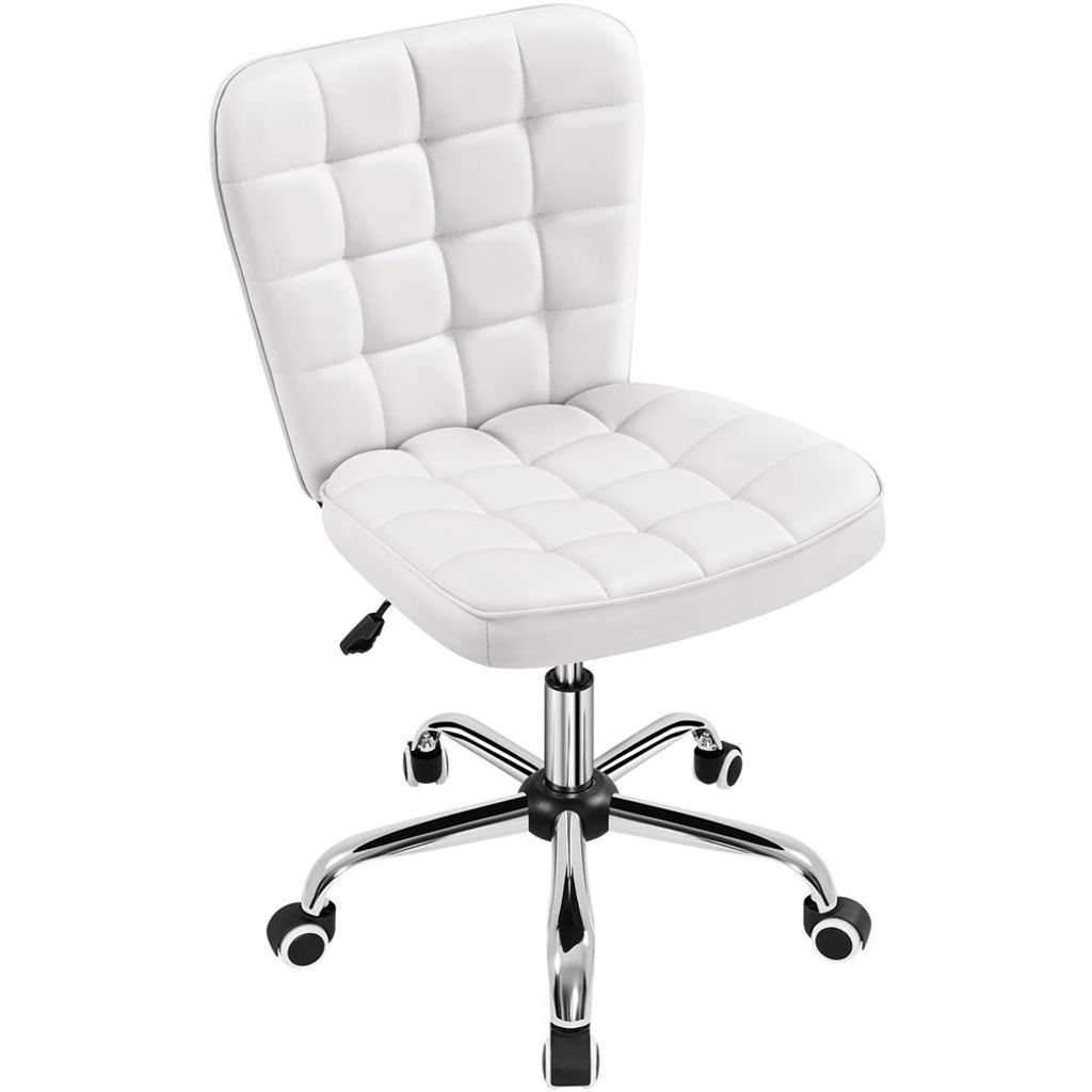 A white office chair with a chrome base and wheels, shown from a three-quarter angle against a white background.