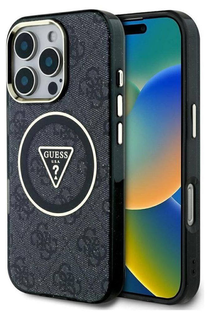 GUESS case passend für IPHONE 16 Pro kompatibel mit MagSafe GUHMP16LHG4PRTGK (IML Metal Glitter 4G Circle Triangle) black