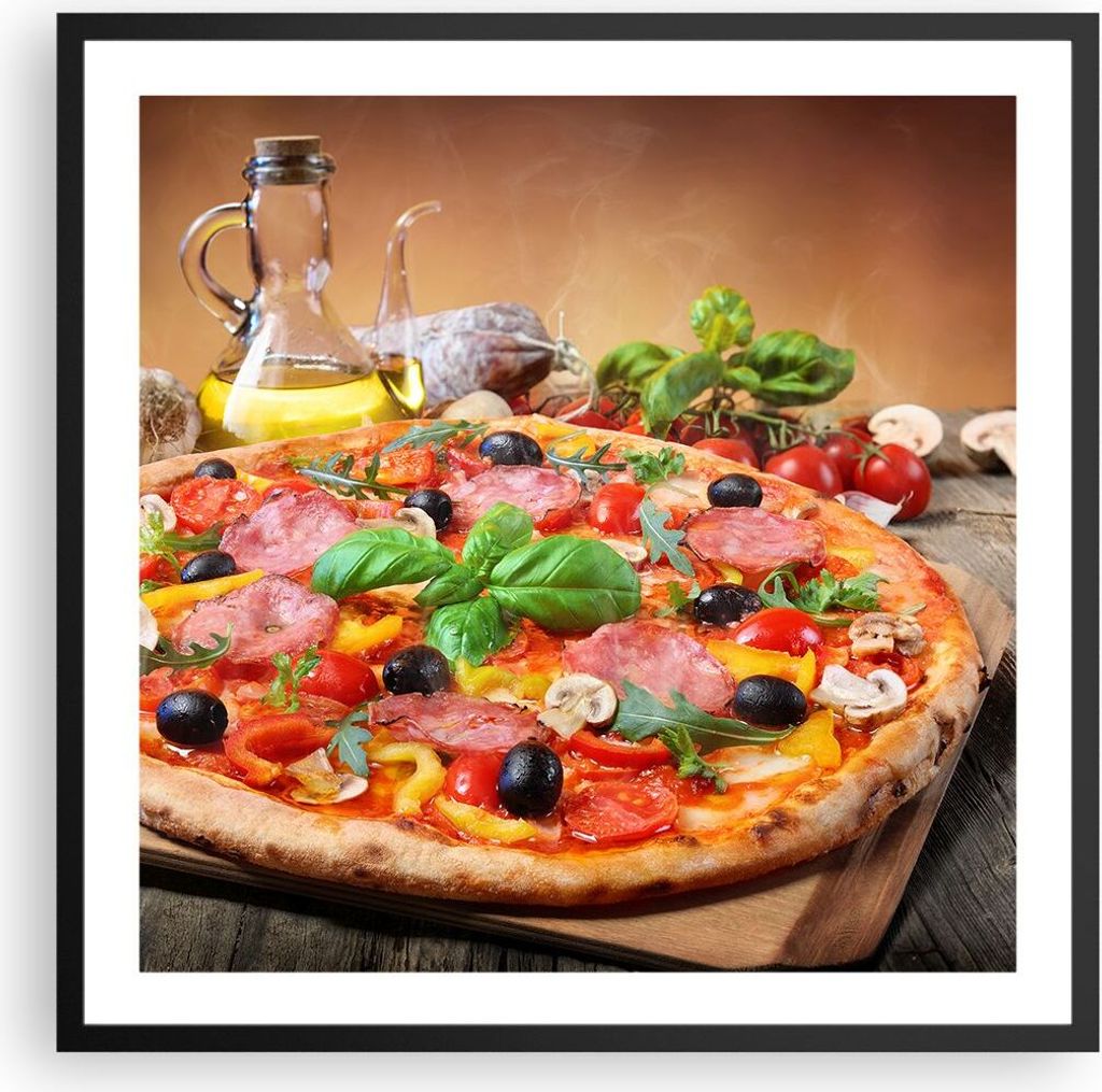 Gerahmtes Poster - Schwarzer Rahmen - Pizza Käse Tomaten - 60x60 cm - Wand Bild - Wanddeko - Wandbilder - Kunstposter - Wandposter - Bilderrahmen ...