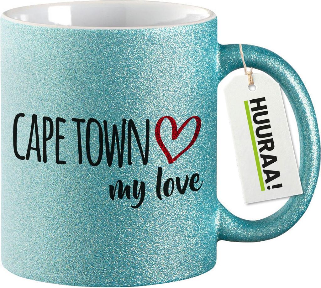 Huuraa Glitzertasse Cape Town my love 330ml Blau Keramik Kaffeebecher Geschenkidee