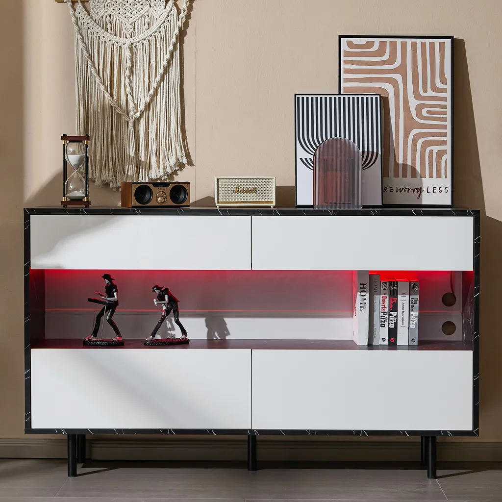 Buffet bas 4 tiroirs à LED commode de salon effet marbre blanc - 2
