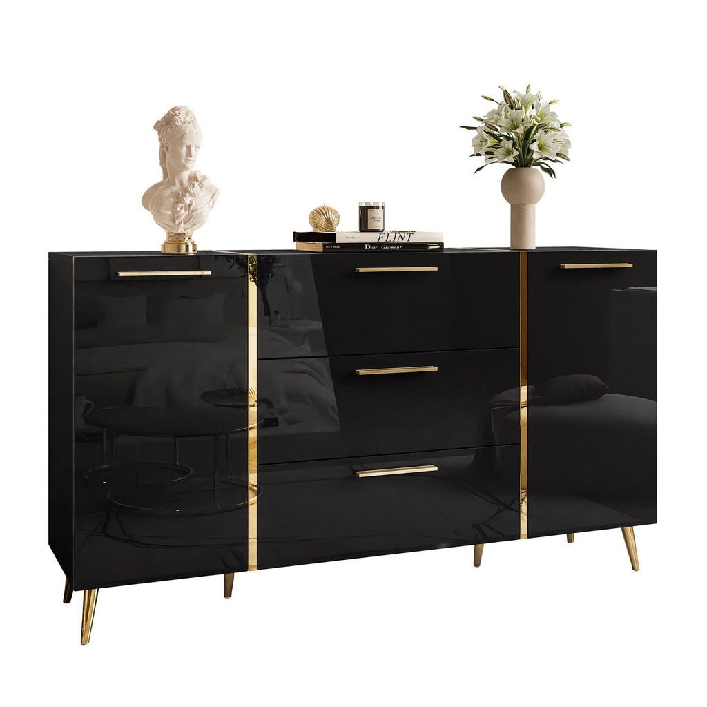 Kommode mit Schubladen ONYX Schwarz auf goldenen Beinen Hochglanz 158 cm mit Griffe