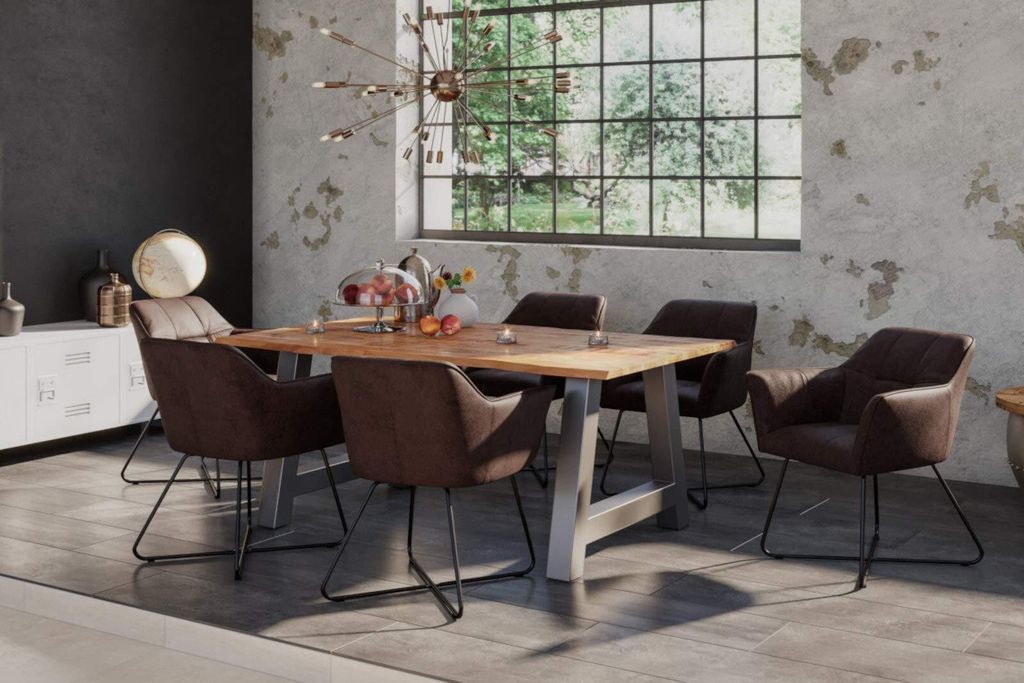 7tlg. Essgruppe Dora 140 x 80 cm, Mangoholz massiv & naturfarben, Baumkantentisch mit A-Metallgestell in Silber + 6X Stuhl Kirin in Wildleder-Optik