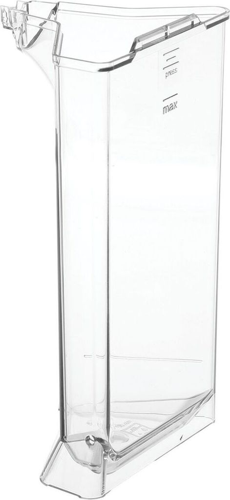 A clear plastic water tank for a coffee machine.