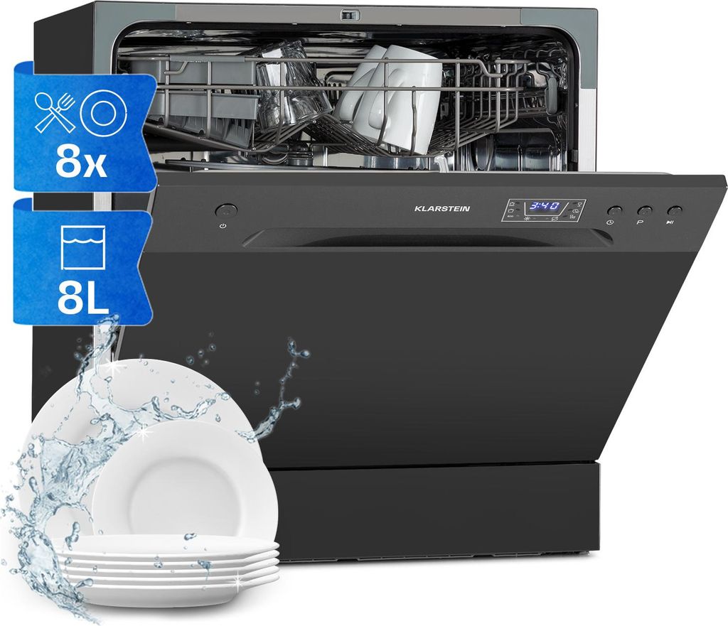 A black countertop dishwasher with its door open, showing the interior. Blue overlays indicate product features, and a stack of plates with water splashes is in the foreground.