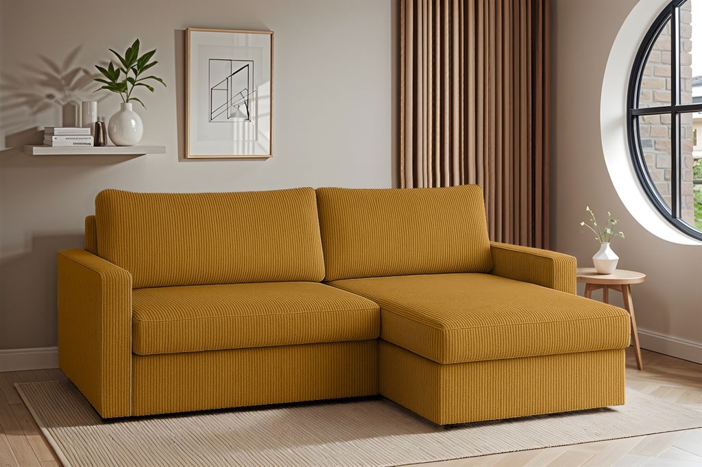 Ecksofa Sofa mit Schlaffunktion BENDIK Stoff Poso Honiggelb Ottomane Rechts