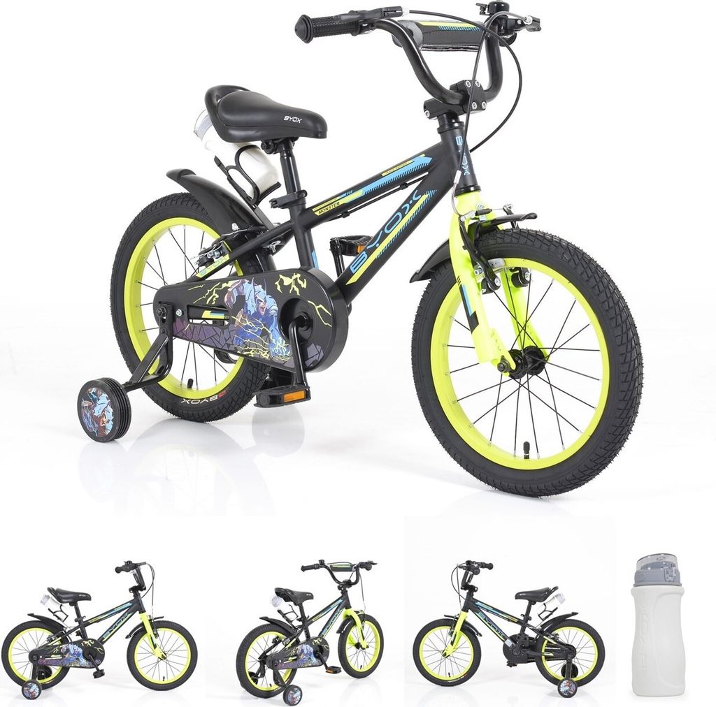 Byox Kinderfahrrad Monster 16 Zoll schwarz, Stützräder, Metall-Rahmen, Klingel