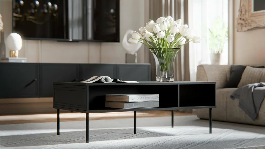 Table basse noire 3 compartiments Enemonzo 110x60 cm style industriel