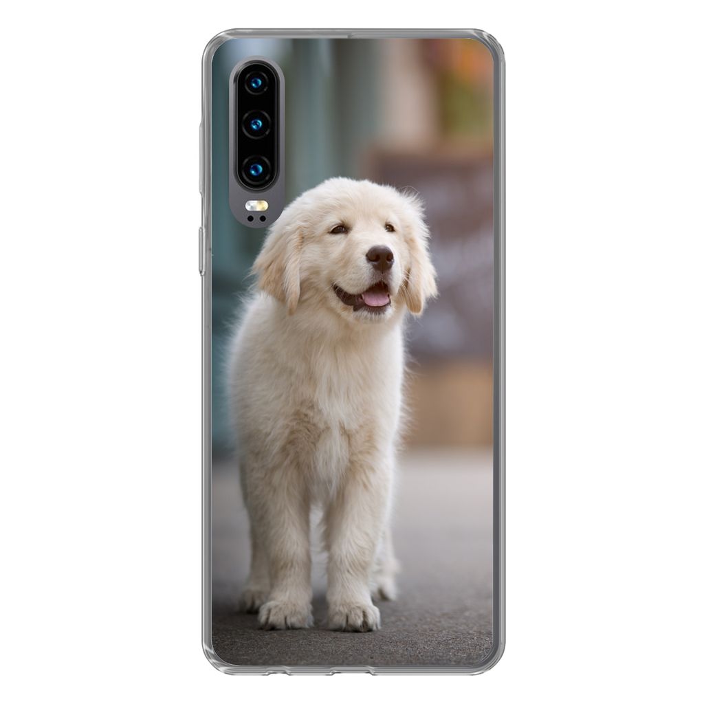 MuchoWow Handyhülle Schutzhülle Hülle für Huawei P30 Ein Golden Retriever Welpe läuft auf dem Bürgersteig Silikon Softcase Handy Hülle - K...