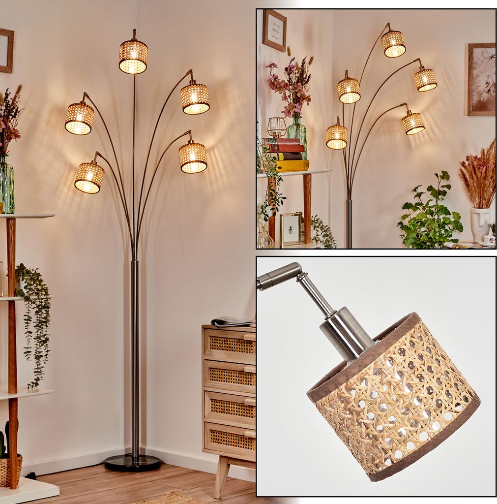 Varoni Stehlampe aus Metall/Rattan/Stoff in Schwarz/Nickel-matt/Natur/Braun
