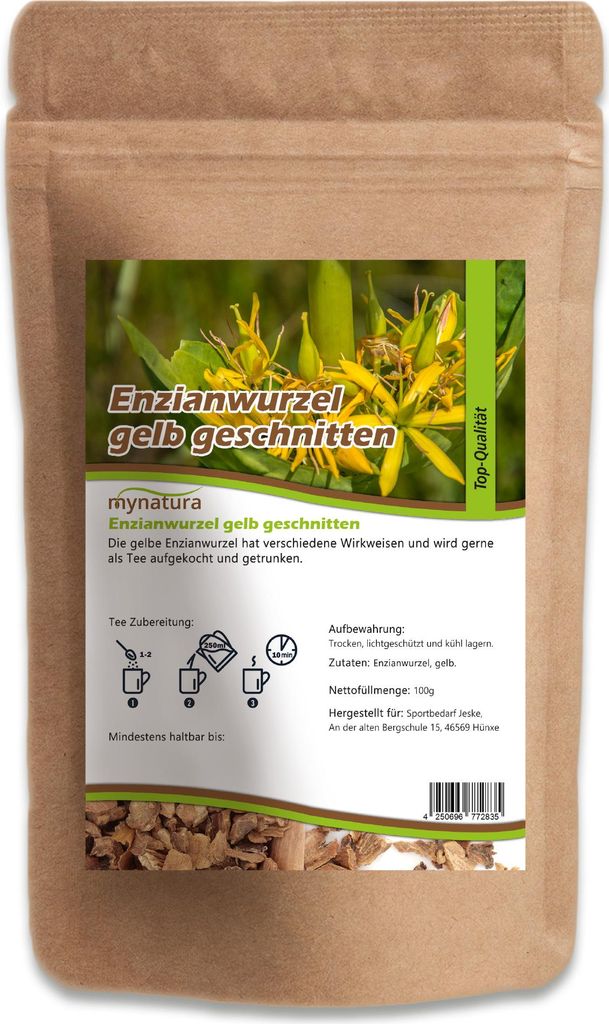 Getrocknete und geschnittene gelbe Enzianwurzel kaufen – natürliche Teezutat & veganes Superfood von Mynatura 500g