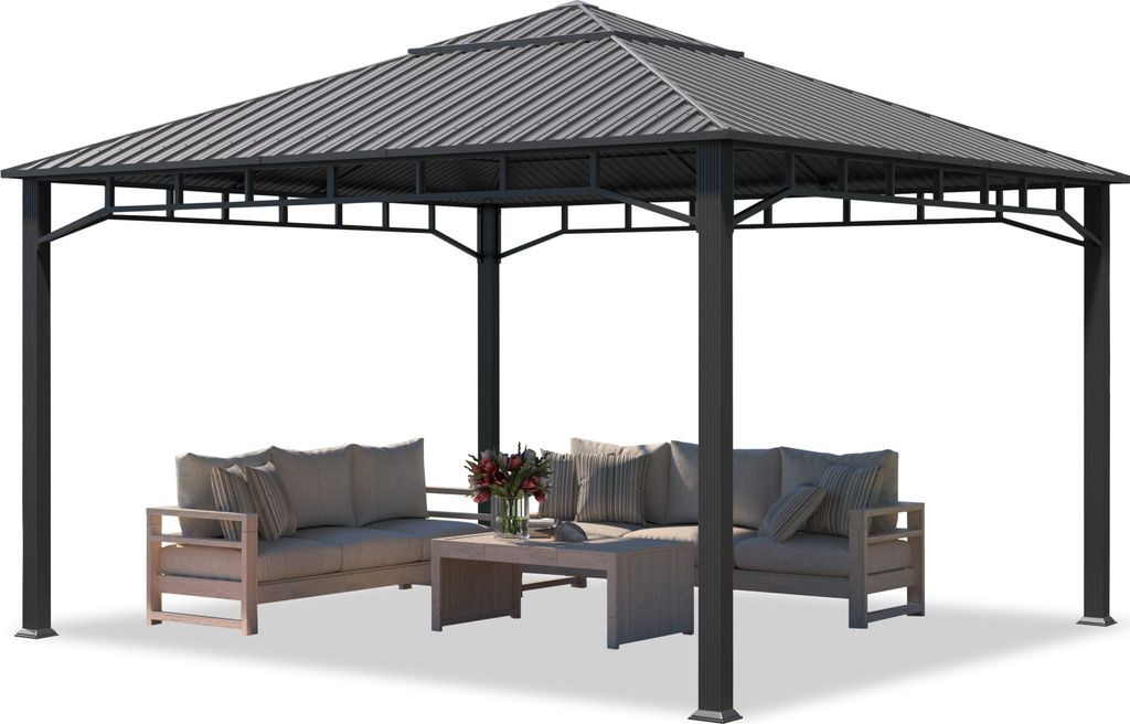 A gazebo with outdoor furniture inside, set against a white background.