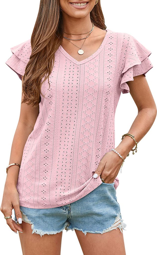 ASKSA Damen T-Shirt Rüschenärmel Bluse Sommer Elegant Oberteile Casual V-Ausschnitt Loose Shirts, Rosa, S