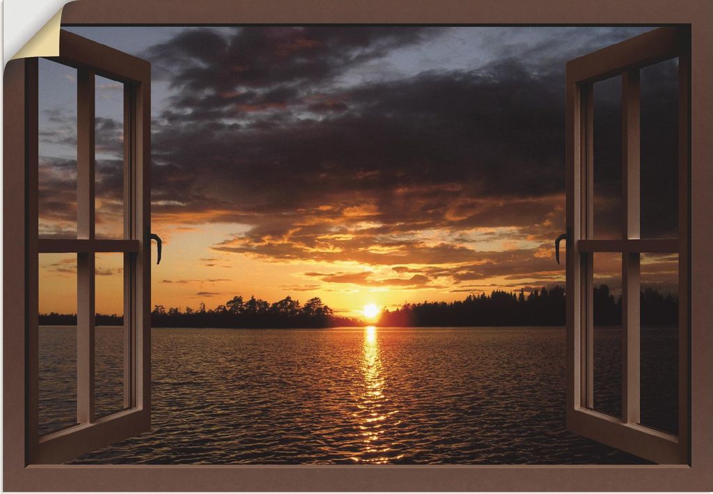 ARTland Wandbild, selbstklebend Sonnenuntergang am See, braunes Fenster Größe: 100x70 cm
