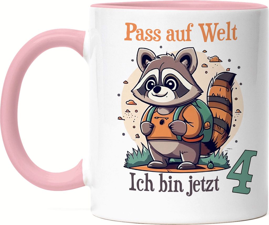 Pass auf Welt ich bin 4 Tasse Rosa Waschbär Junge Jahre