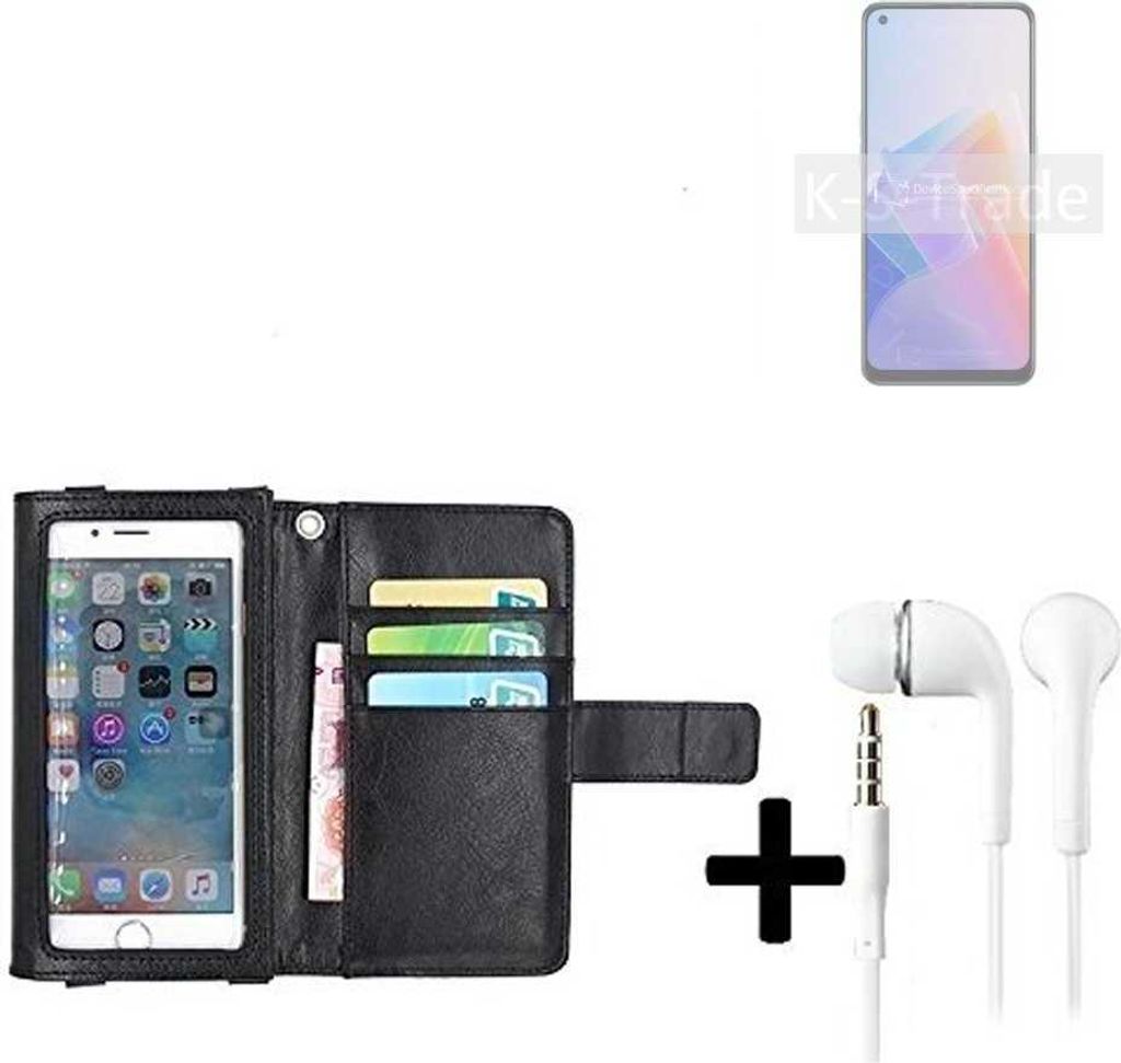 K-S-Trade Handyhülle + Kopfhörer kompatibel mit Oppo Reno7 Z 5G Schutzhülle Case mit Displayschutz / Schutzfolie schwarz + Kopfhörer Flip Cover