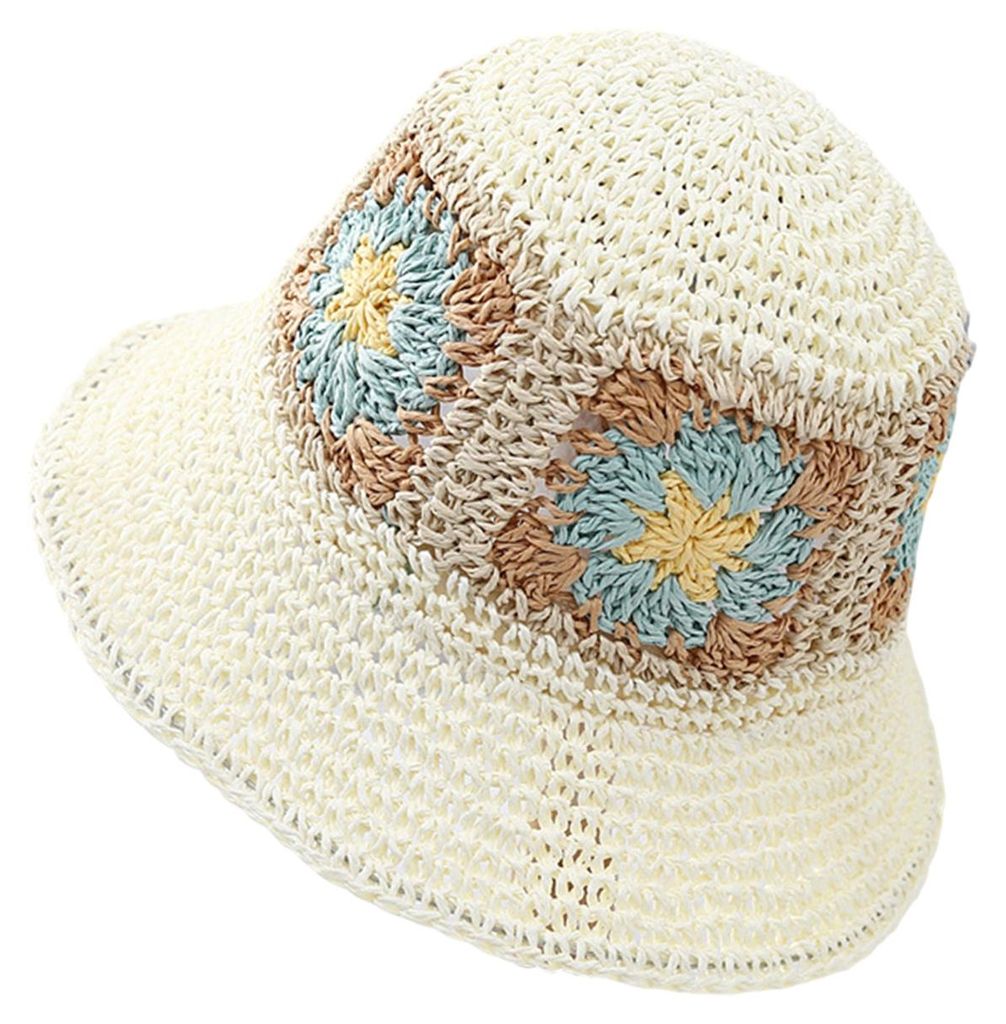Strohhut mit böhmischem Blumenmuster, faltbar, Strandhut mit breiter Krempe, hohles Design, atmungsaktives Sommeraccessoire