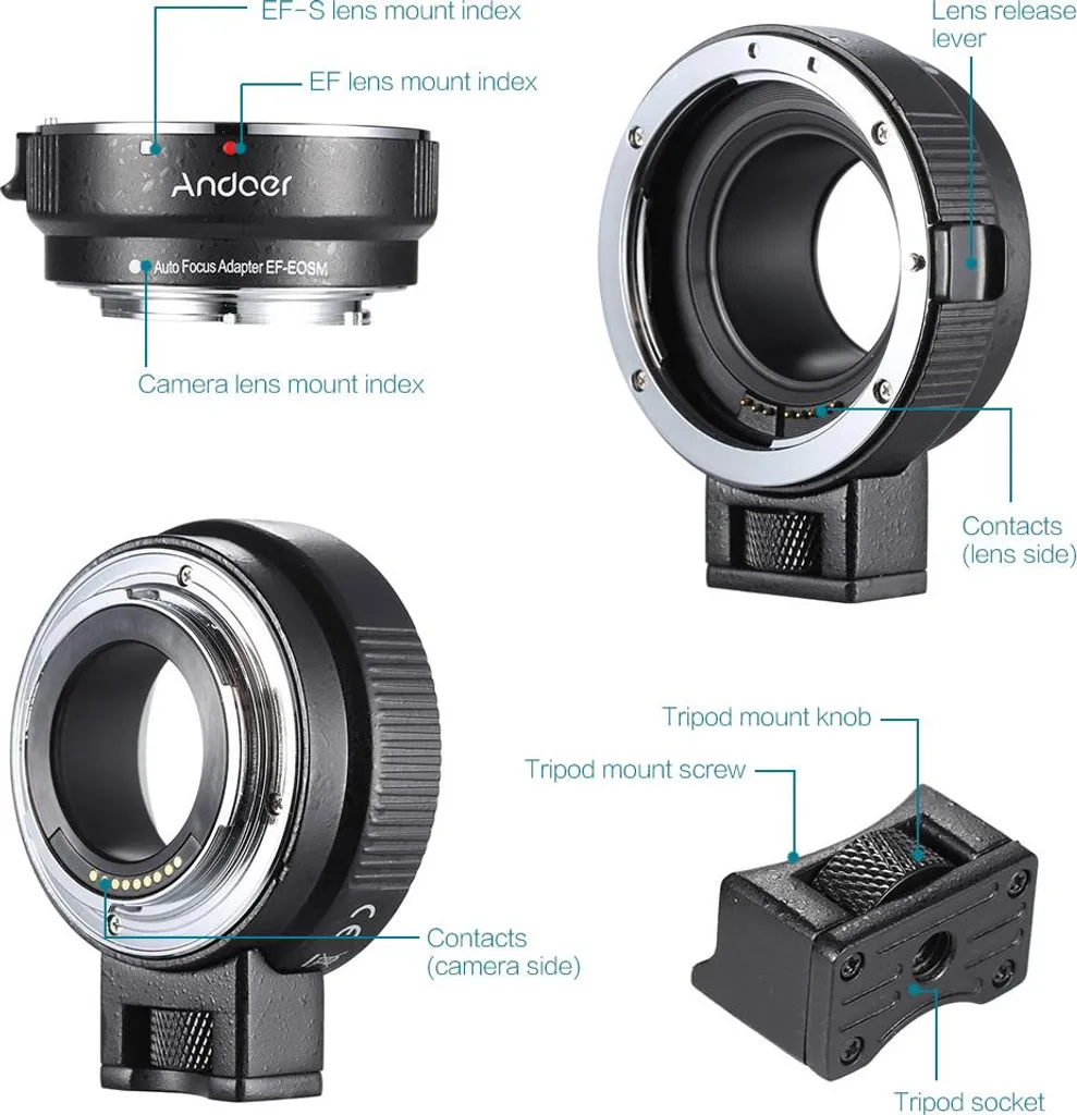 Adaptateur EF-EOSM Andoer pour Objectif Canon EF vers Hybride EOS M-Séries