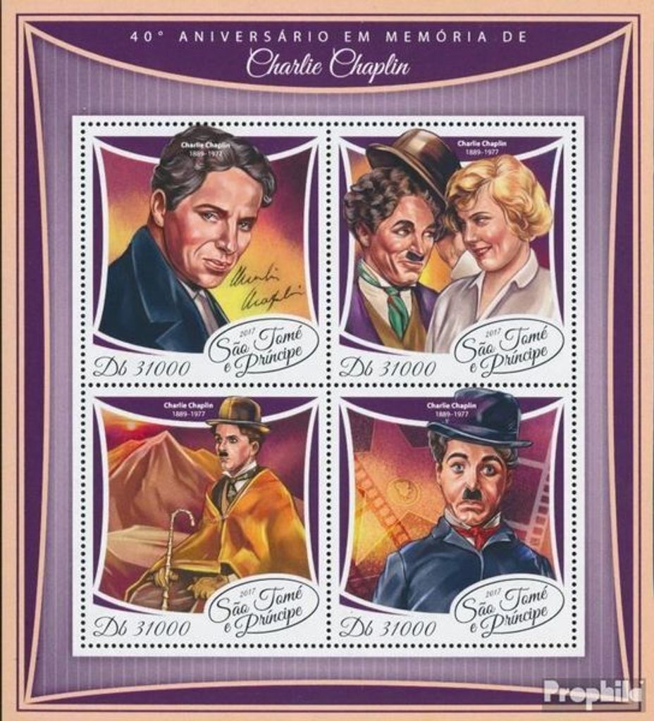 Briefmarken Sao Tome e Principe 2017 Mi 7483-7486 Kleinbogen (kompl. Ausgabe) postfrisch Charlie Chaplin