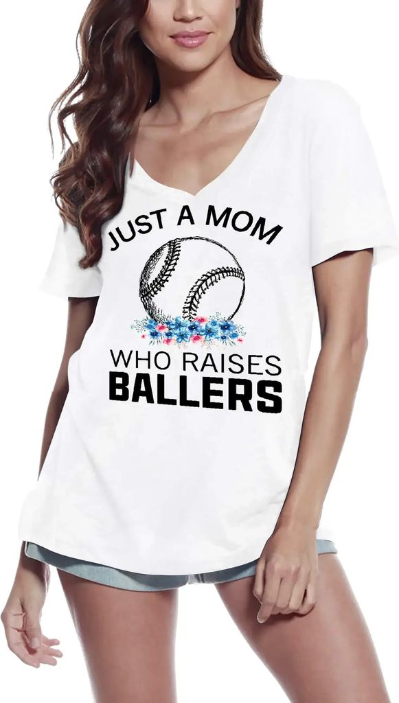 Damen Grafik T-Shirt V-Ausschnitt Nur eine Mutter die Ballspieler großzieht - Baseball-Mutter – Just A Mom Who Raises Ballers - Baseball Mother